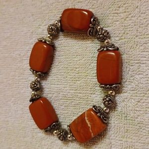 Red Agate And Silvertone  Filligre Rectangular Expandable Bracelet-3" Diameter